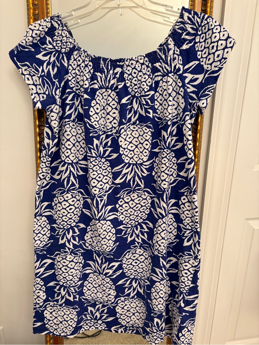 Caribbean Joe Blue and White Cotton Knit Pineapple Off-Shoulder Dress